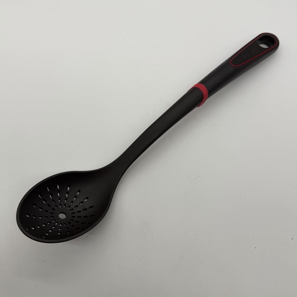 T-FAL Sturdy Slotted Draining Straining Spoon Black Scoop 13" With Pot Rest